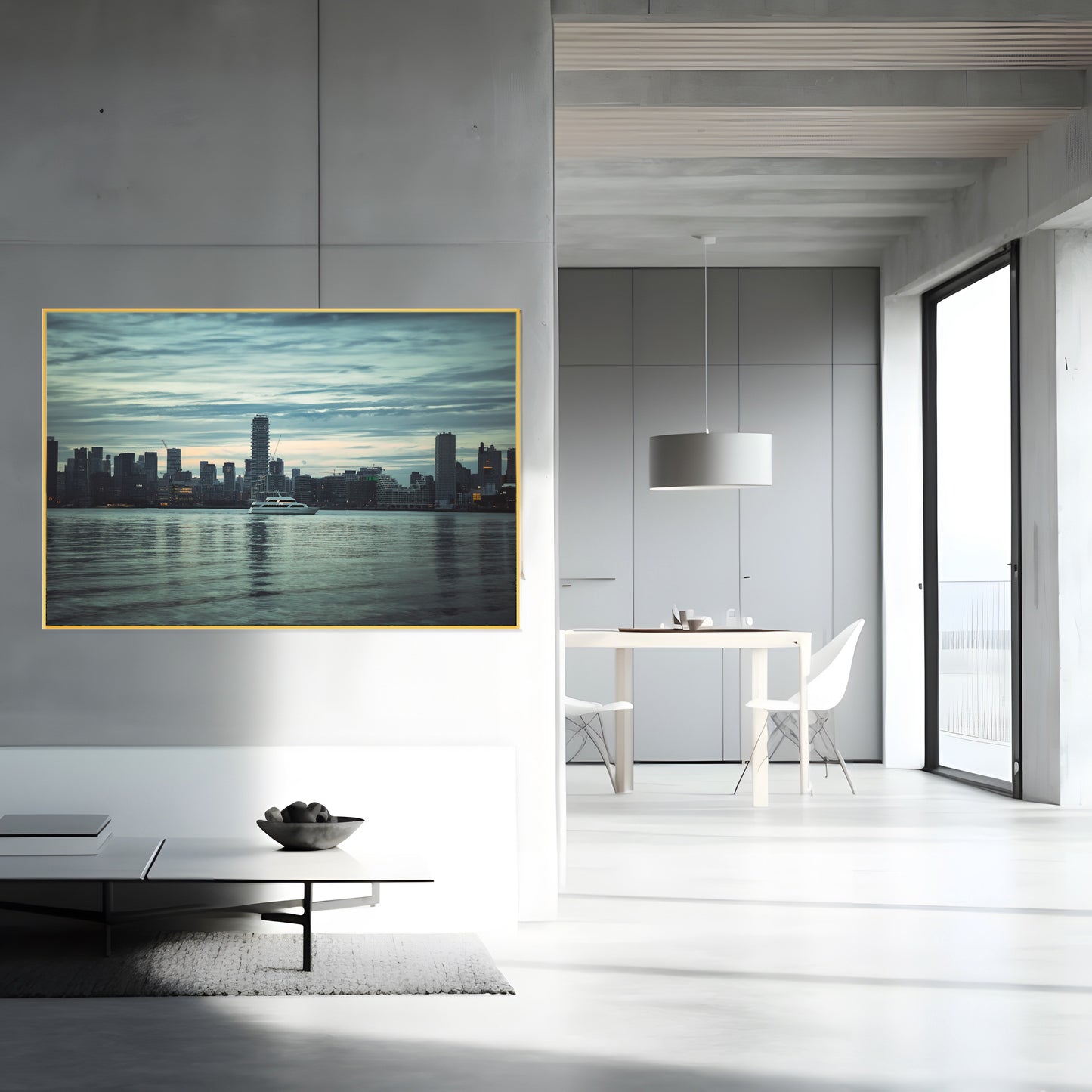 Cityscape Charm: Canvas Prints of Cloudy Sky & Coastal Yacht