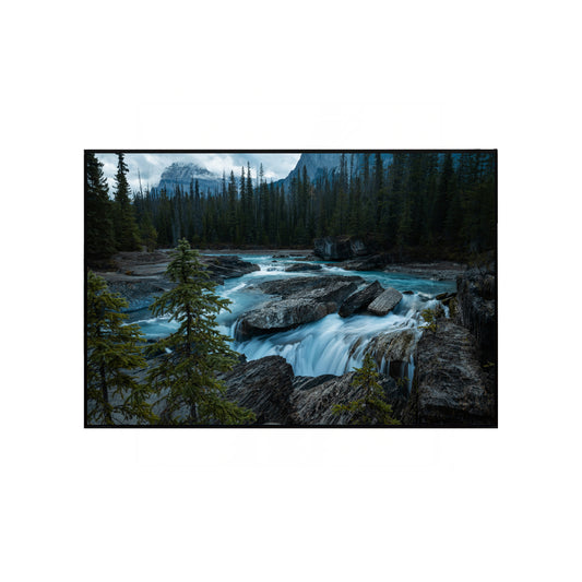 Serene River Crossing Rocks, Surrounded by Lush Trees – Peaceful Nature Print