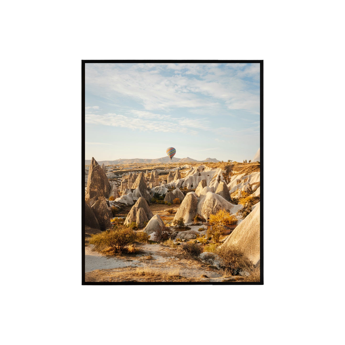 Hot Air Balloon Over Rocky Landscape – Clean Sky Print