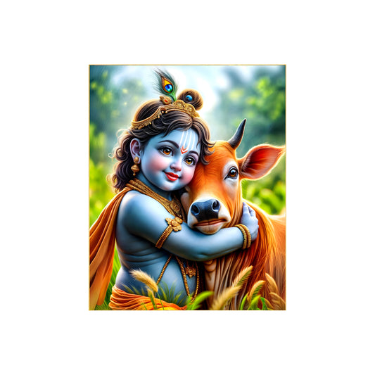 Shri Krishna with Cow Photo – Divine Wall Art & Spiritual Canvas Print