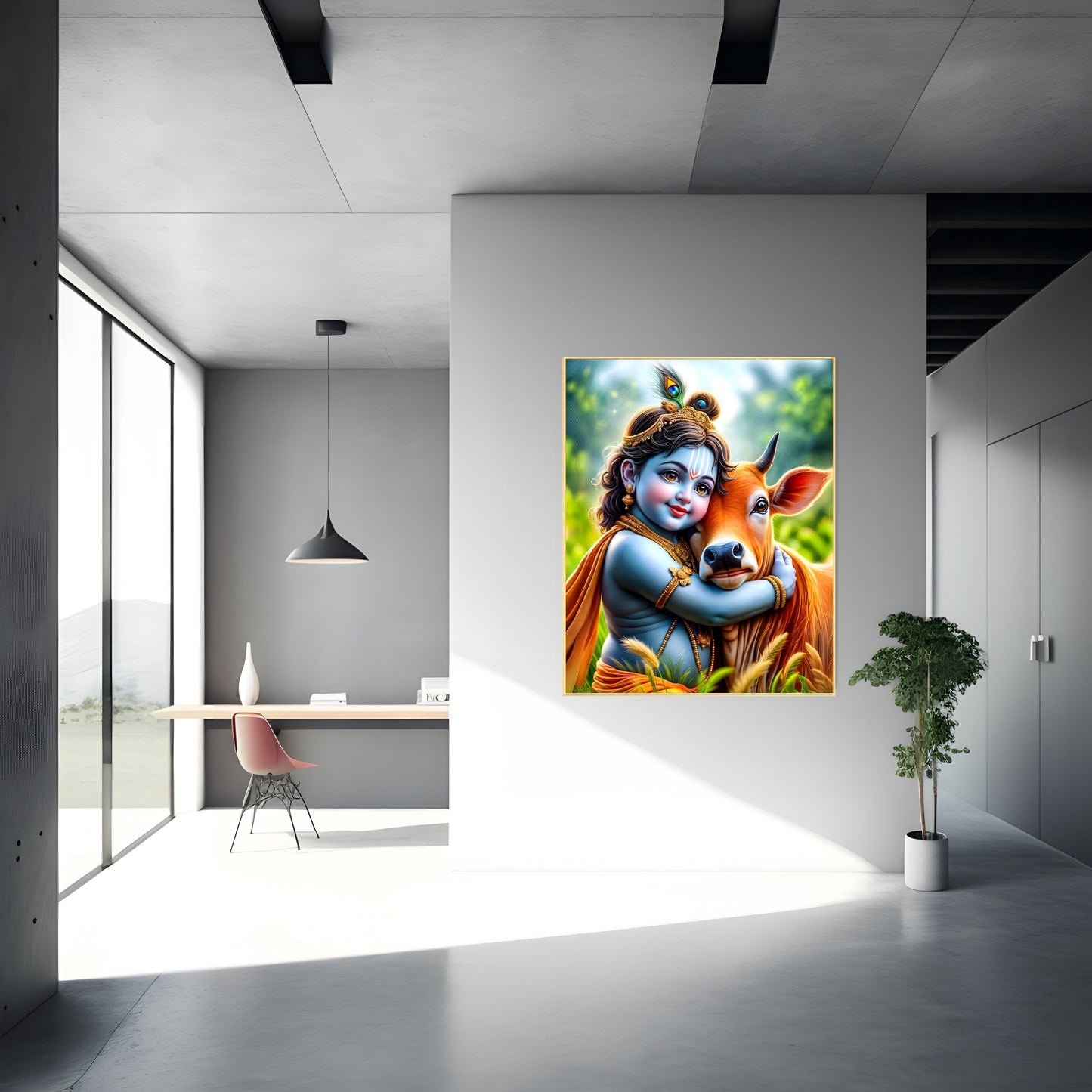 Shri Krishna with Cow Photo – Divine Wall Art & Spiritual Canvas Print