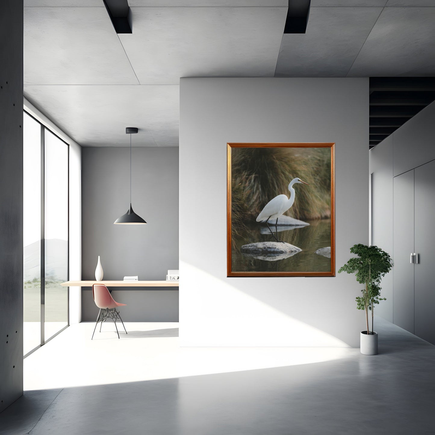 Graceful Egret on Rock in Water – Serene Nature Art Print