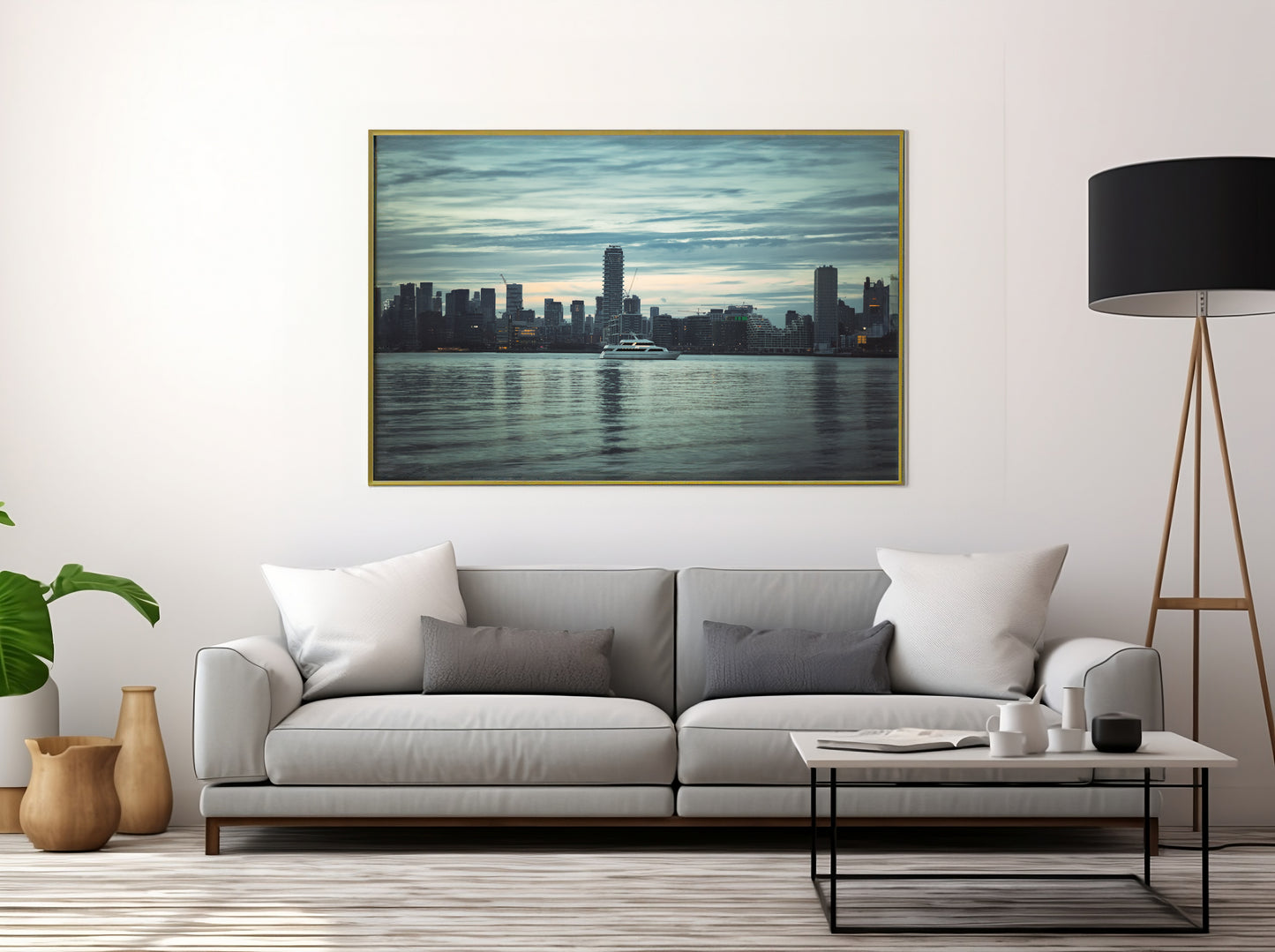 Cityscape Charm: Canvas Prints of Cloudy Sky & Coastal Yacht