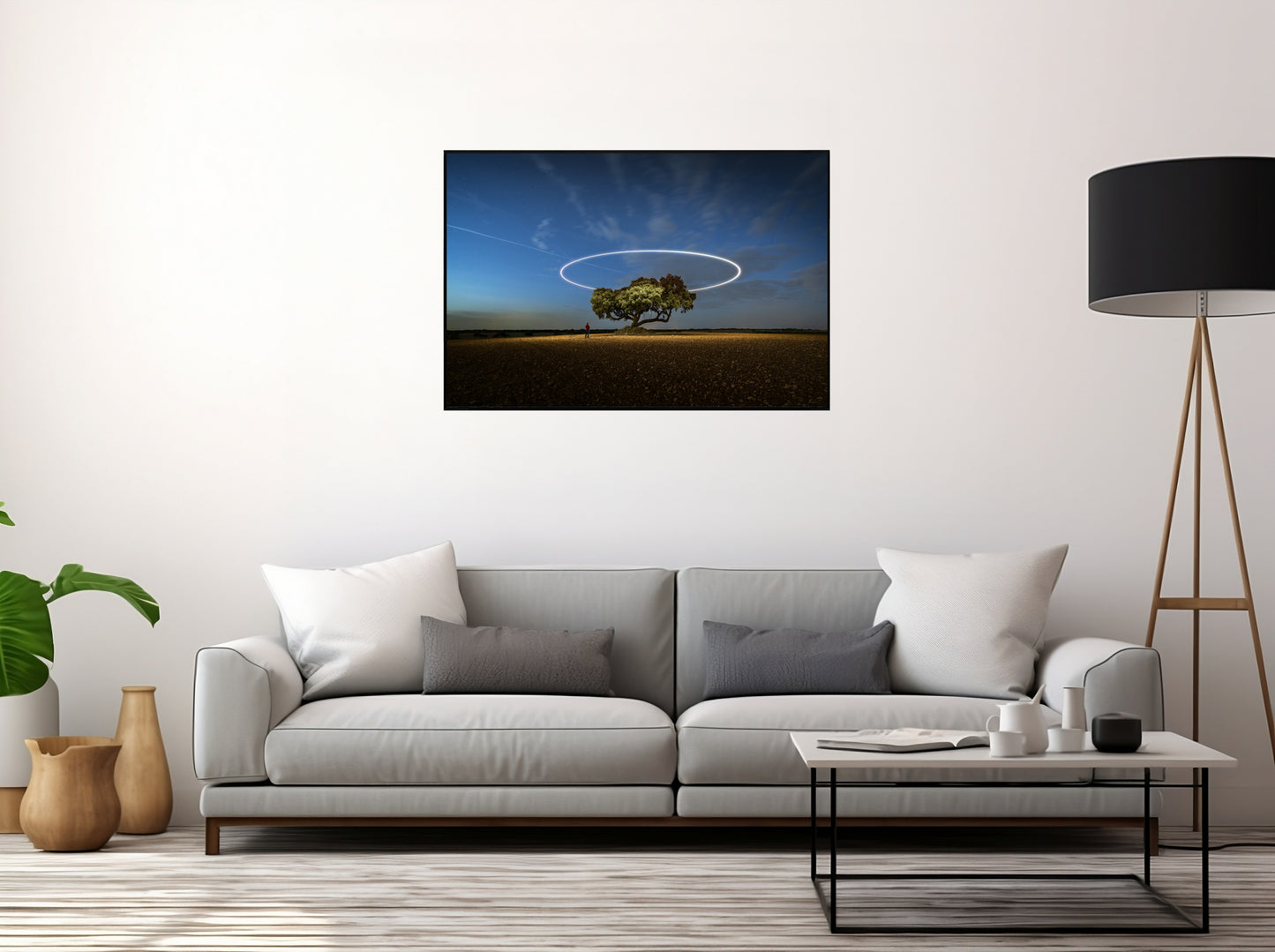 Tree Beneath Starry Sky with Light Trails – Enchanting Nightscape Print