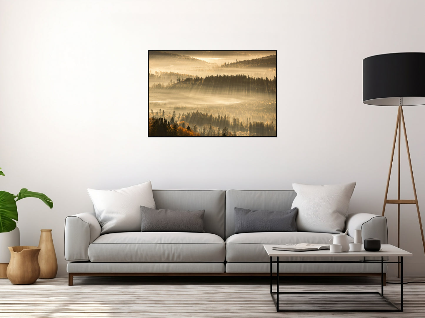 Radiant Sunrise Through the Forest – Glowing Rays and Tranquil Nature Print