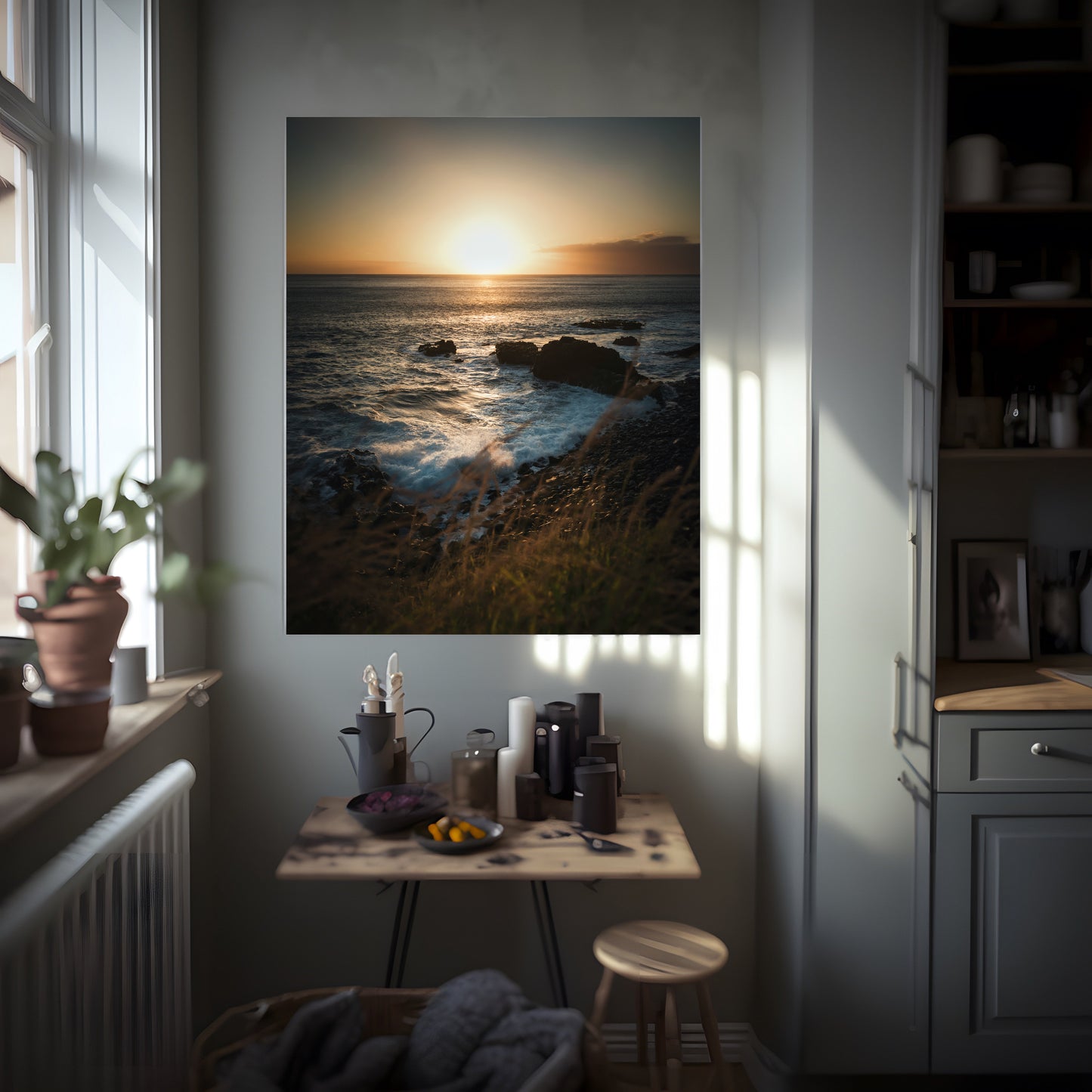 Golden Sunset Beach Print – Coastal Wall Art, Serene Ocean Scenery