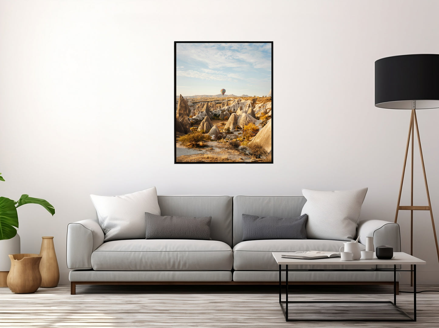 Hot Air Balloon Over Rocky Landscape – Clean Sky Print