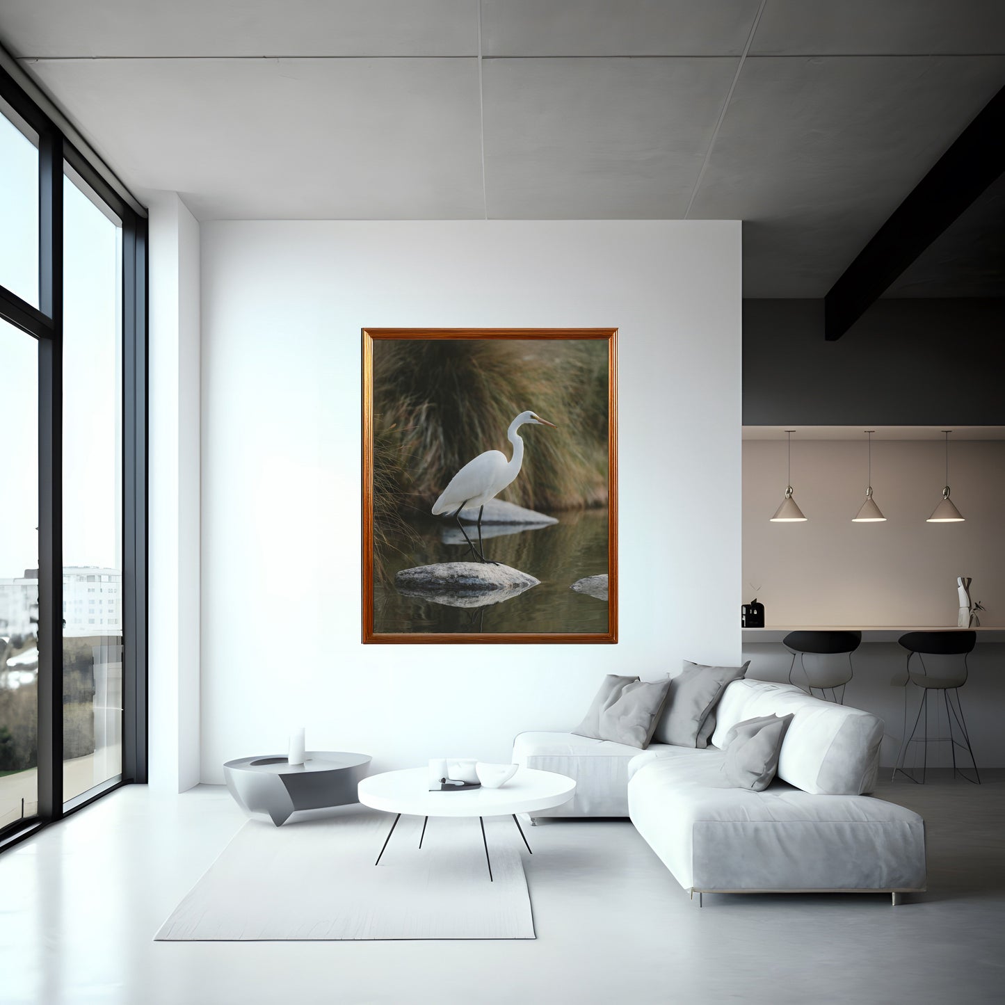 Graceful Egret on Rock in Water – Serene Nature Art Print