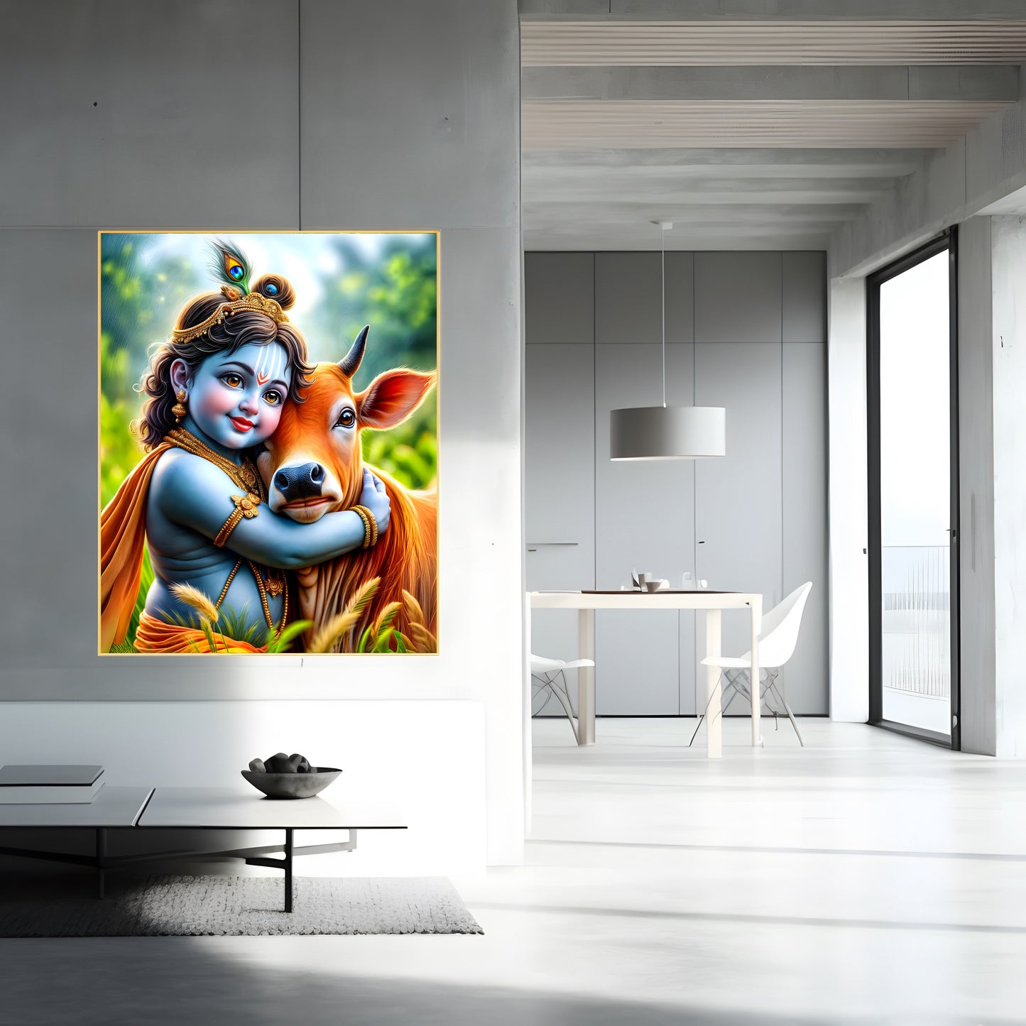 Shri Krishna with Cow Photo – Divine Wall Art & Spiritual Canvas Print