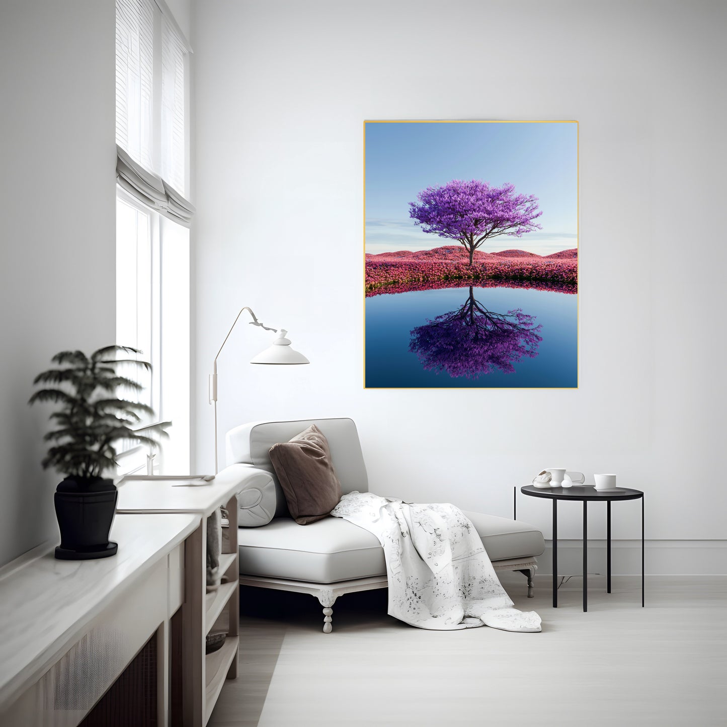 Purple Tree Reflection Print | Vibrant Nature Art | Artistic Water Reflection Wall Decor | Unique Home Decoration