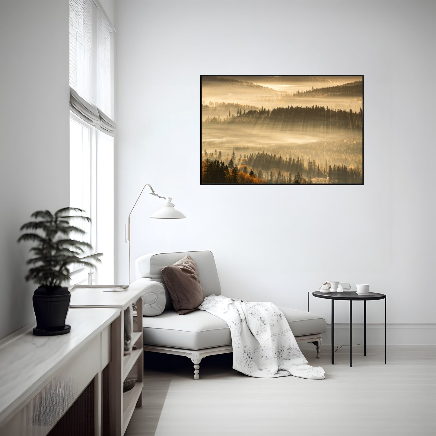 Radiant Sunrise Through the Forest – Glowing Rays and Tranquil Nature Print