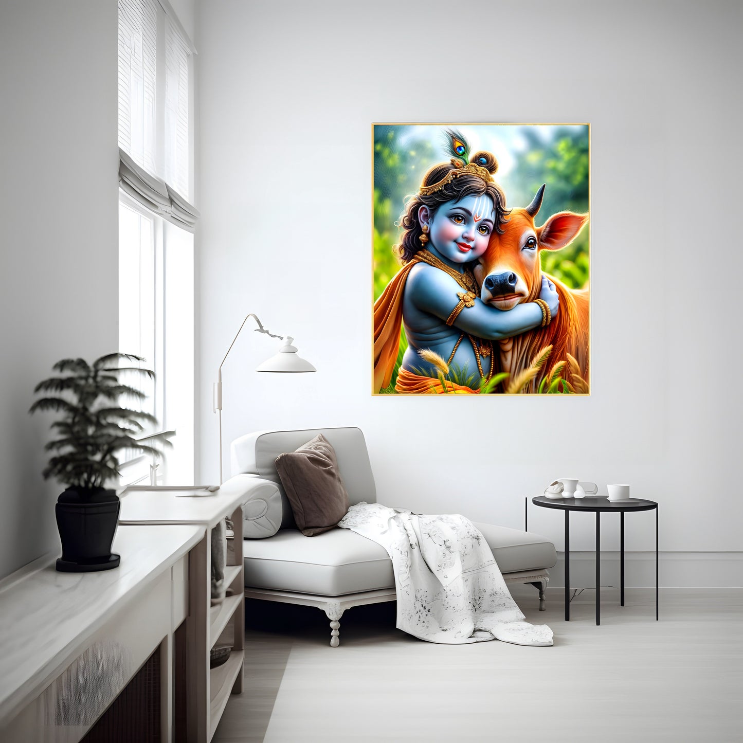 Shri Krishna with Cow Photo – Divine Wall Art & Spiritual Canvas Print