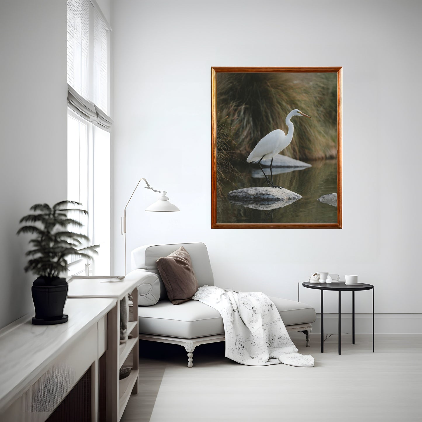 Graceful Egret on Rock in Water – Serene Nature Art Print