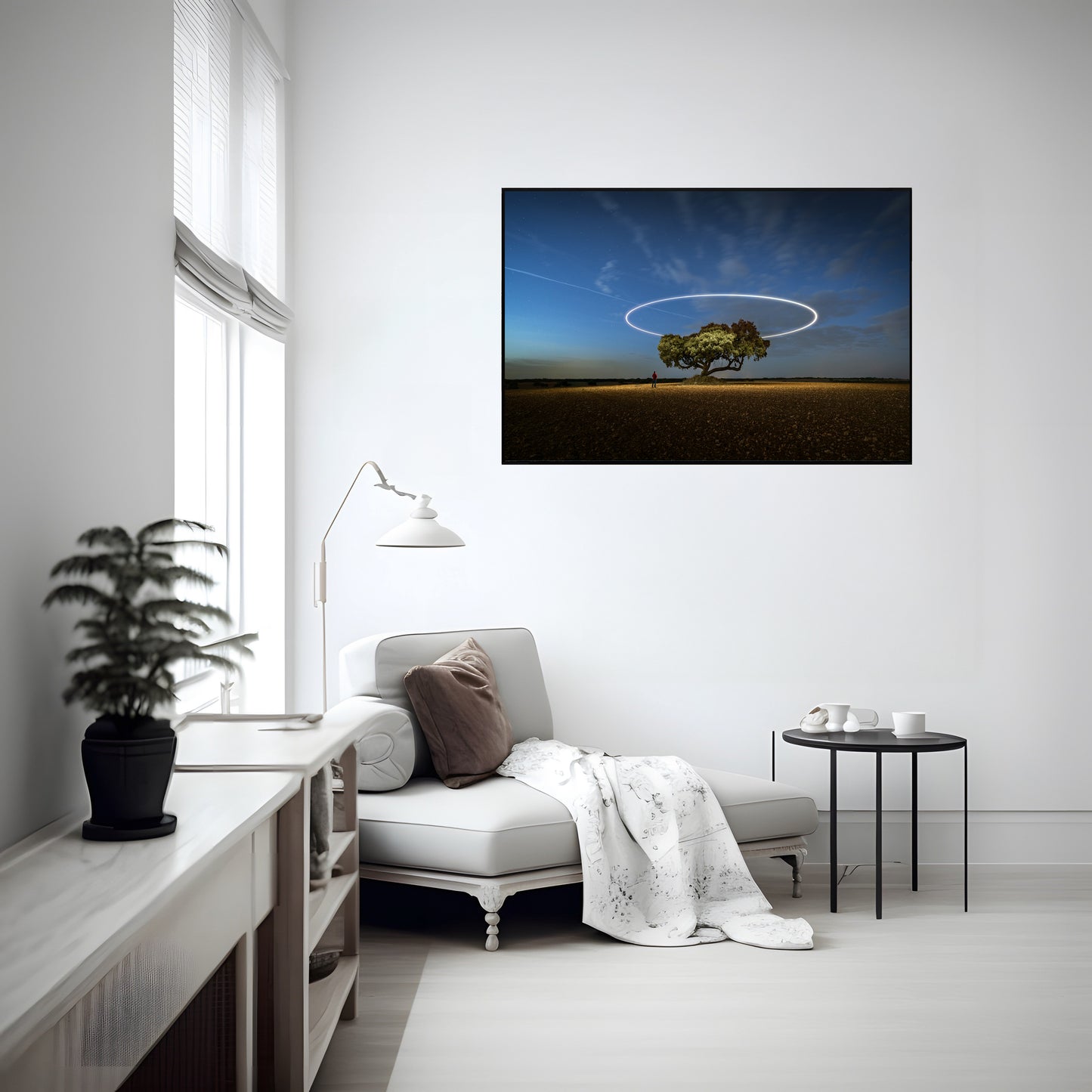 Tree Beneath Starry Sky with Light Trails – Enchanting Nightscape Print