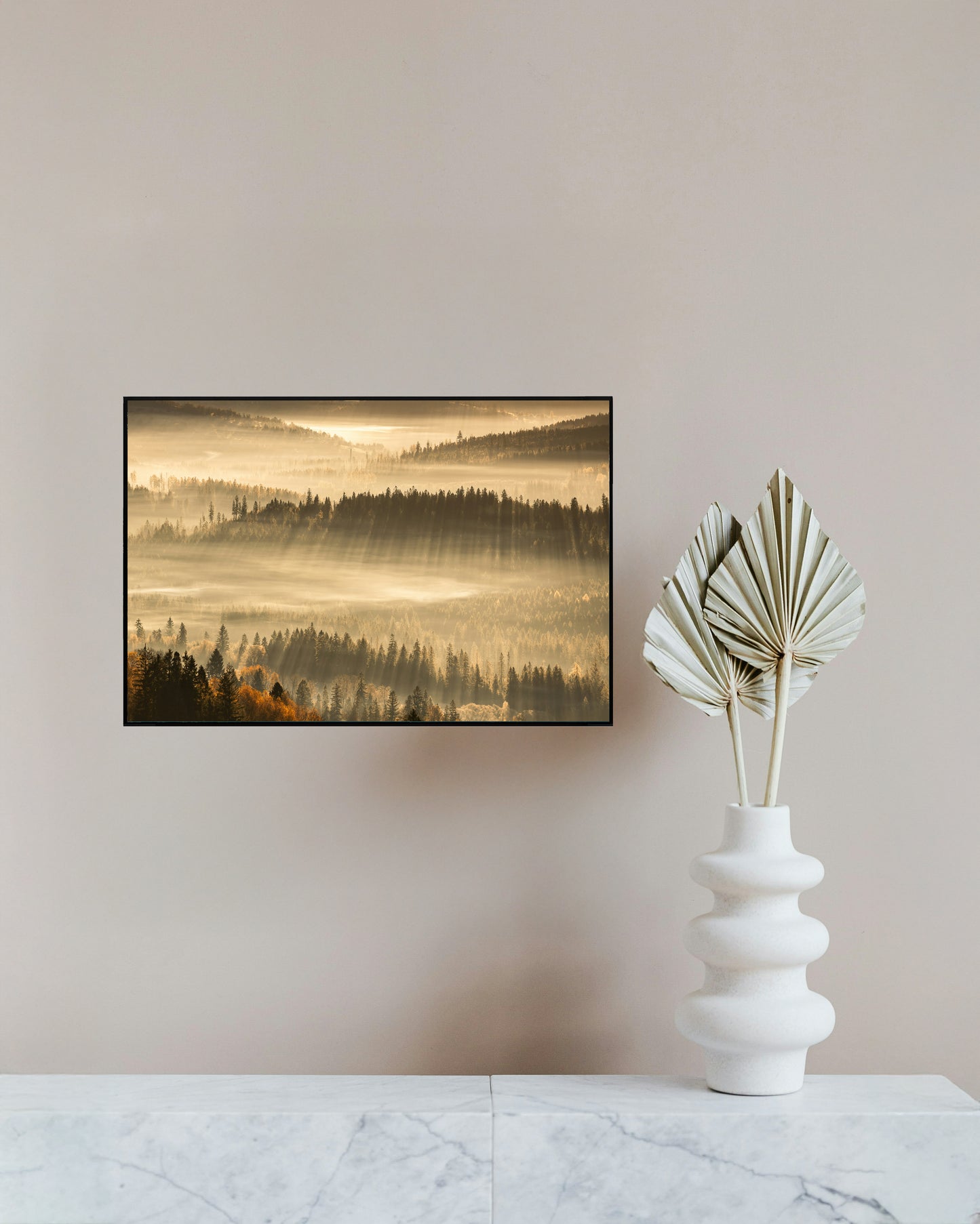 Radiant Sunrise Through the Forest – Glowing Rays and Tranquil Nature Print