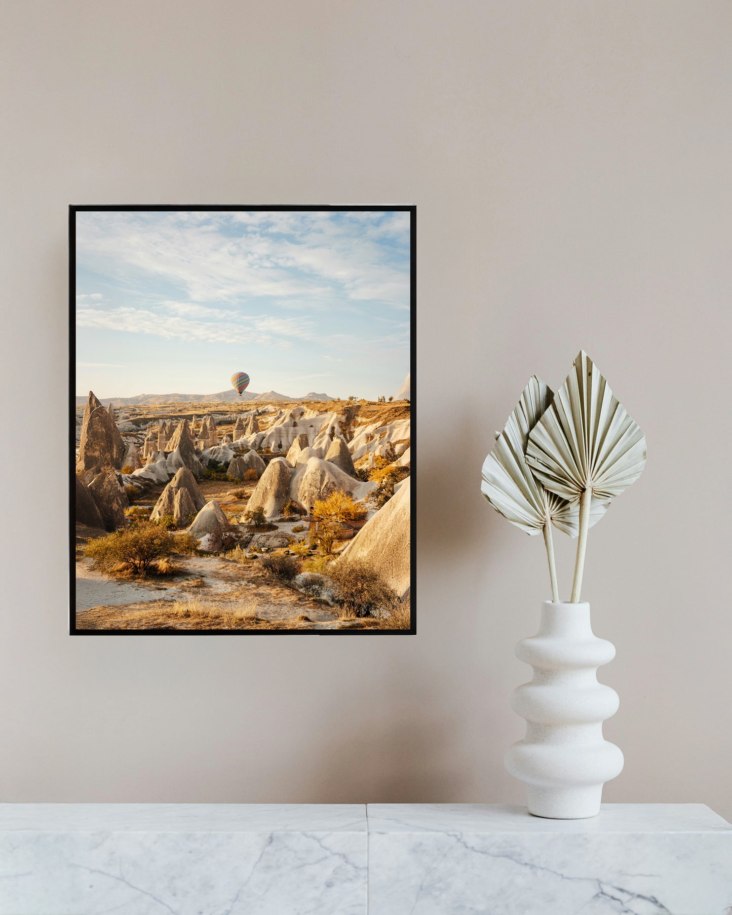 Hot Air Balloon Over Rocky Landscape – Clean Sky Print