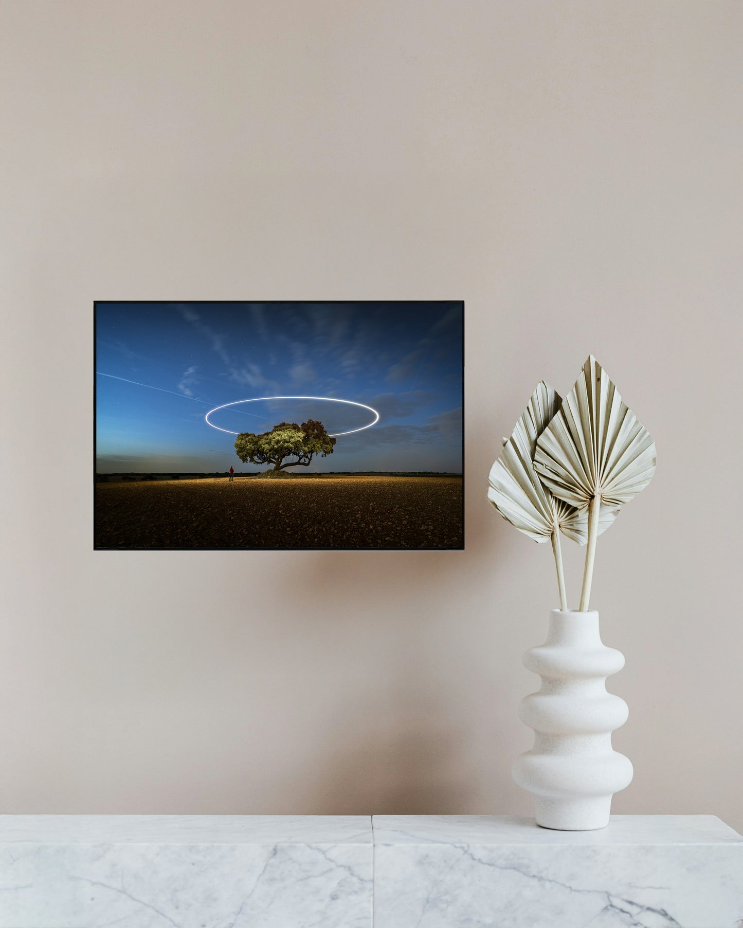 Tree Beneath Starry Sky with Light Trails – Enchanting Nightscape Print