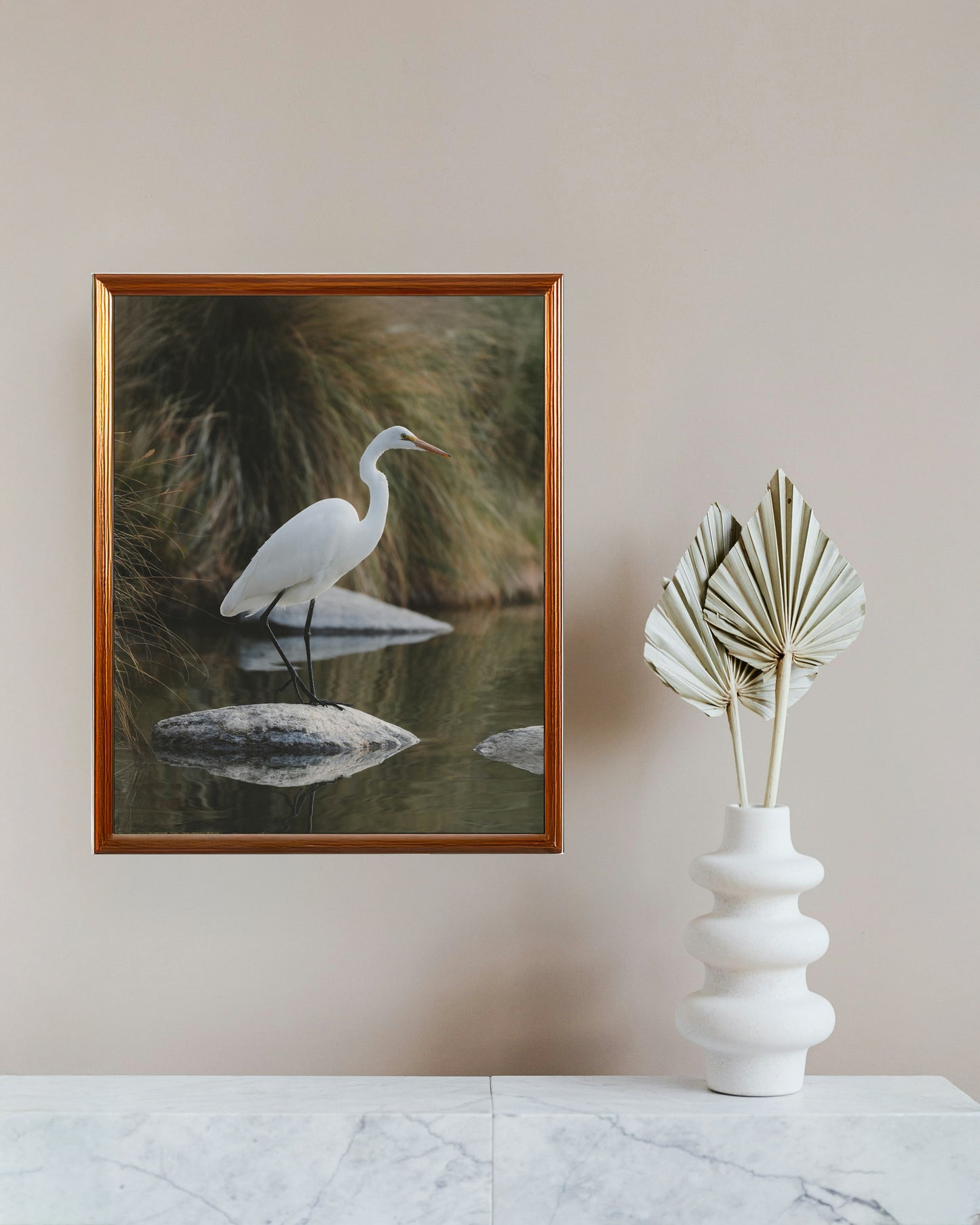 Graceful Egret on Rock in Water – Serene Nature Art Print