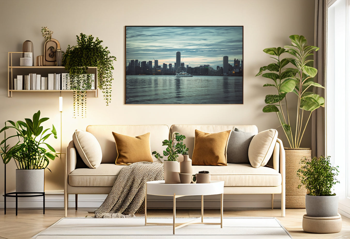 Cityscape Charm: Canvas Prints of Cloudy Sky & Coastal Yacht